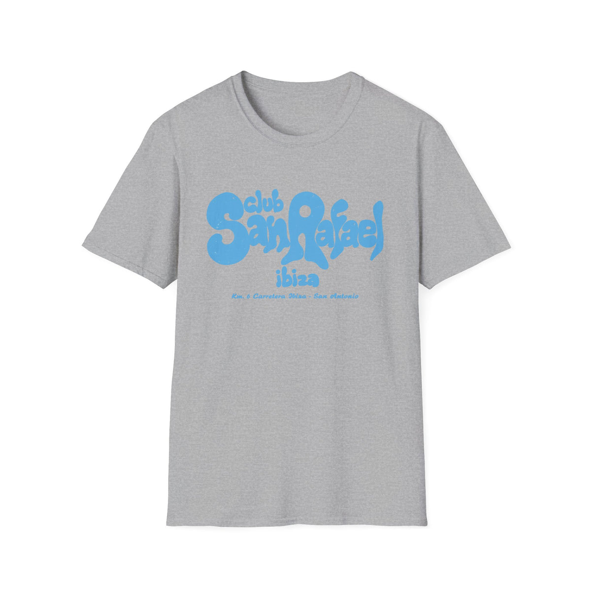 Grey t-shirt with blue text "club San Rafael ibiza Km. 6 Carretera Ibiza - San Antonio".