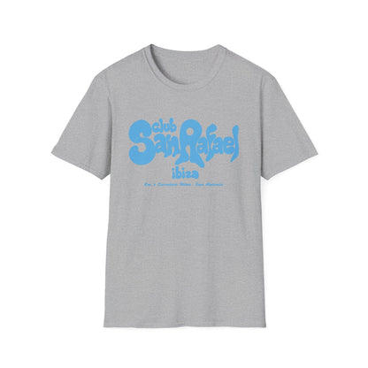 Grey t-shirt with blue text "club San Rafael ibiza Km. 6 Carretera Ibiza - San Antonio".