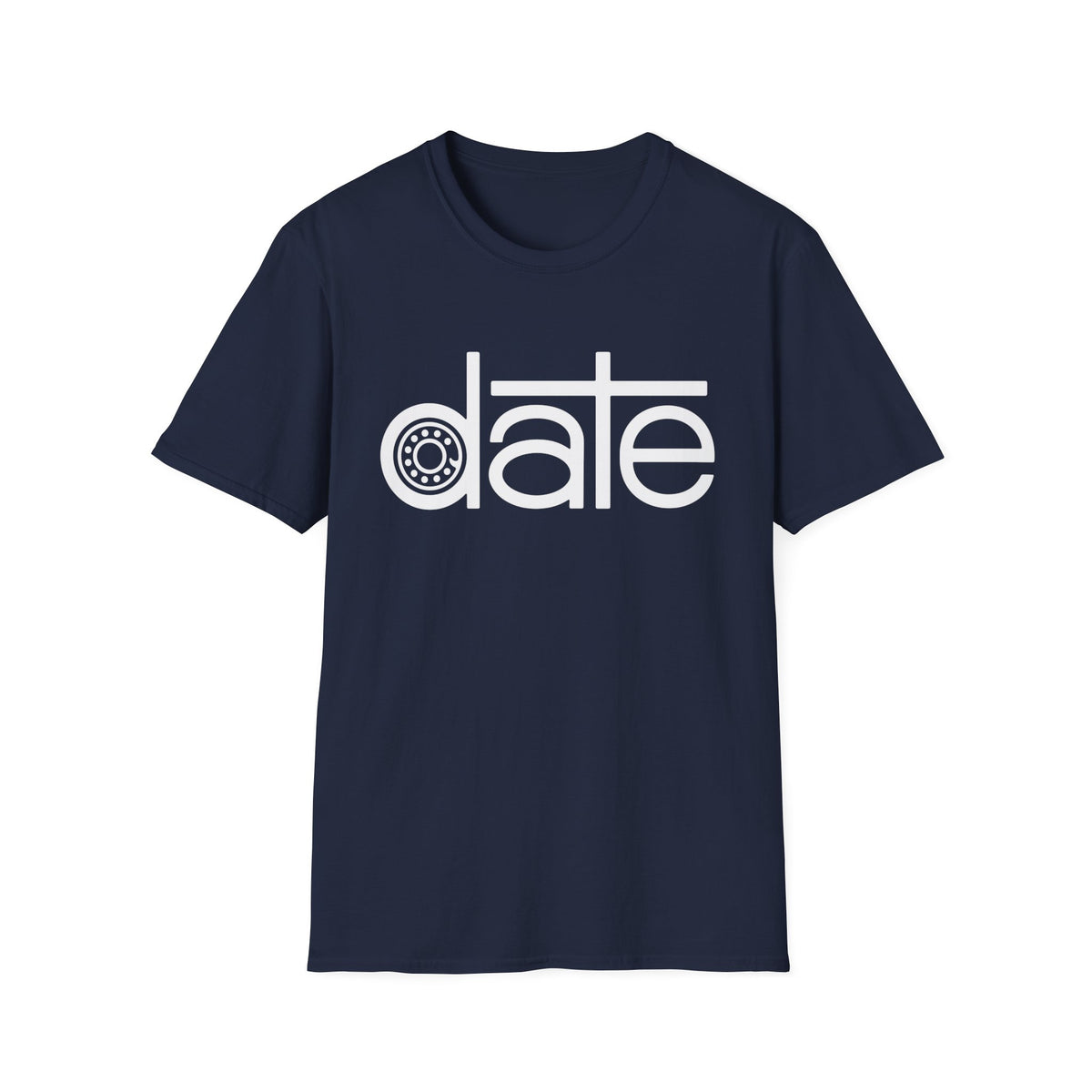 Navy t-shirt with white text "date" featuring a cogwheel in the "a".