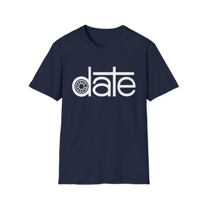 Navy t-shirt with white text "date" featuring a cogwheel in the "a".