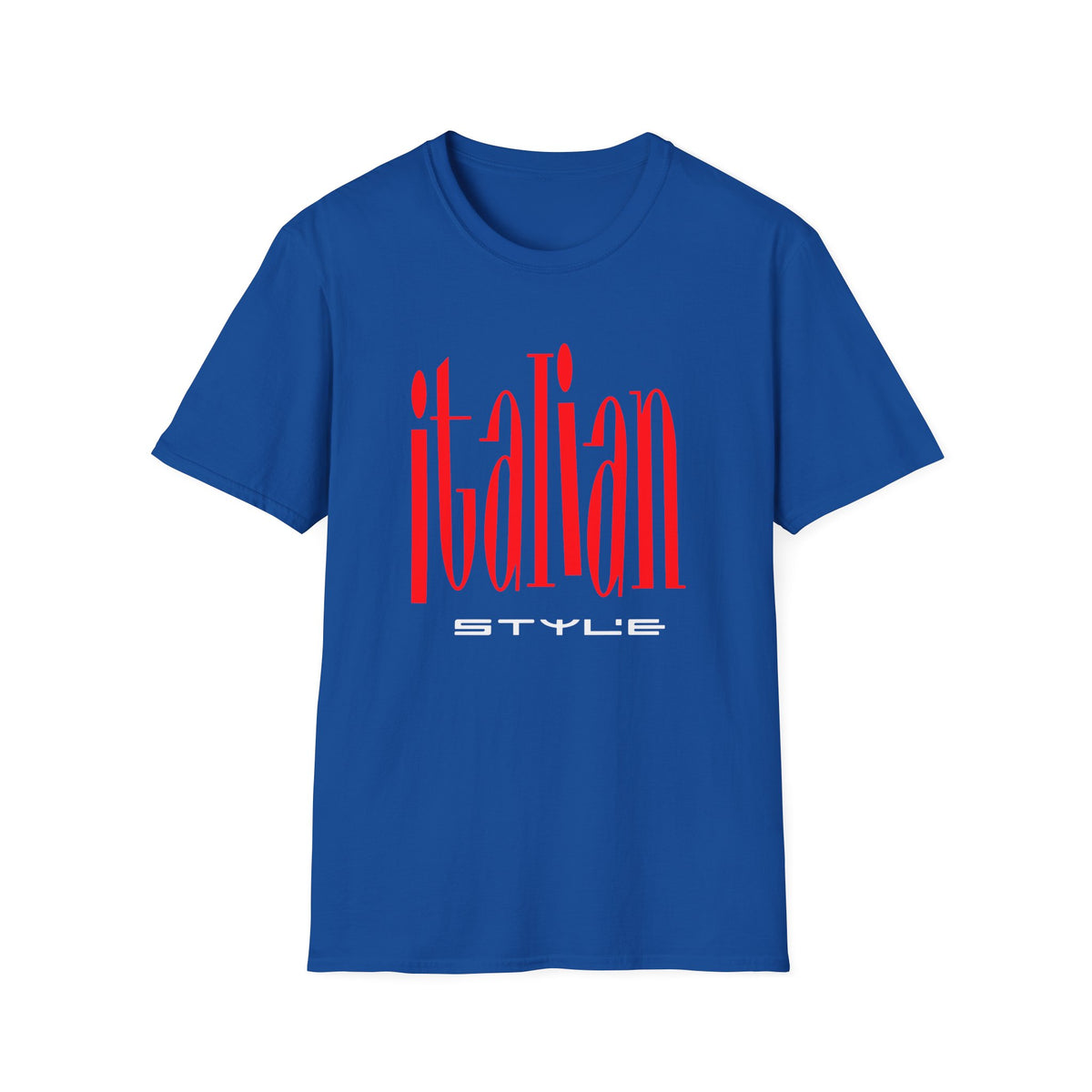 Royal blue t-shirt with red "italian STYLE" graphic print.