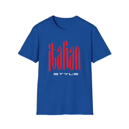 Royal blue t-shirt with red "italian STYLE" graphic print.