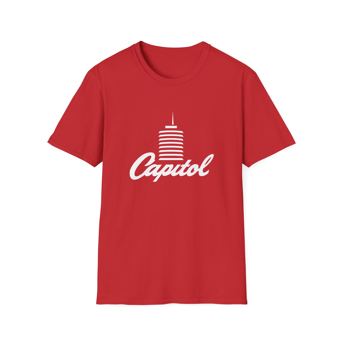 Red t-shirt with white "Capitol" text and building graphic.