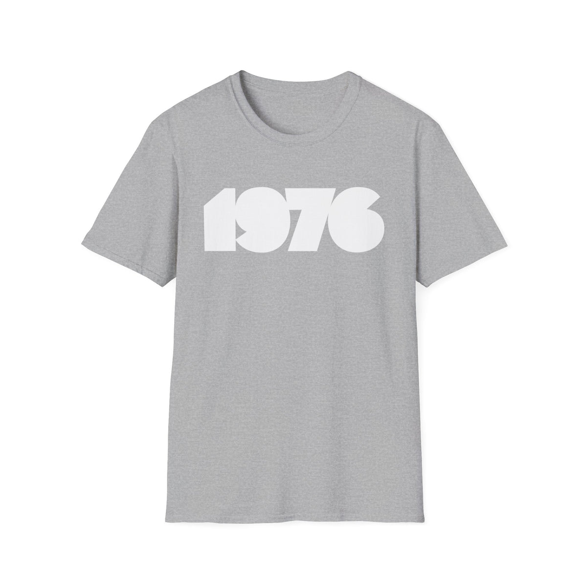 Grey t-shirt with white "1976" graphic design.