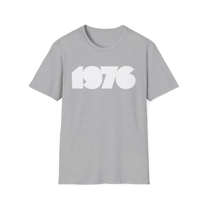 Grey t-shirt with white "1976" graphic design.