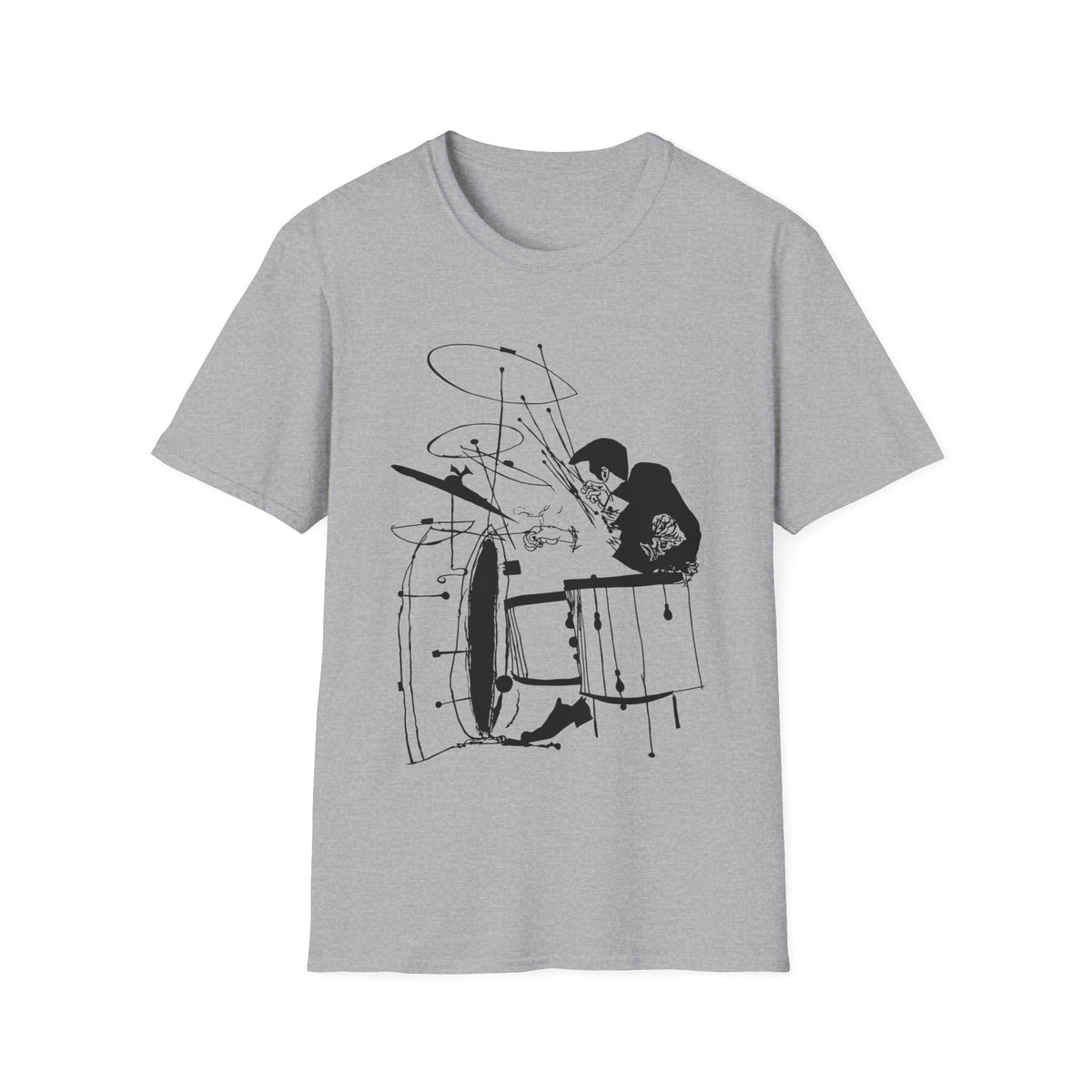 Black ink sketch of a drummer playing a drum set on a grey t-shirt.