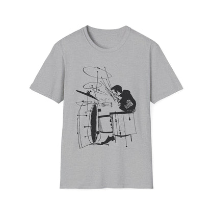Black ink sketch of a drummer playing a drum set on a grey t-shirt.