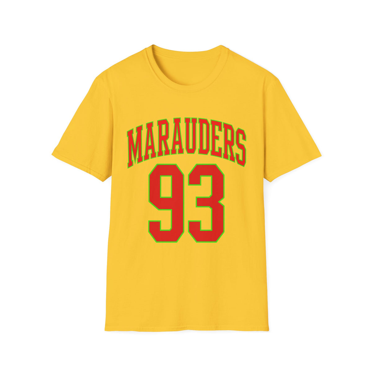 Yellow t-shirt with "Marauders 93" in red and green lettering.
