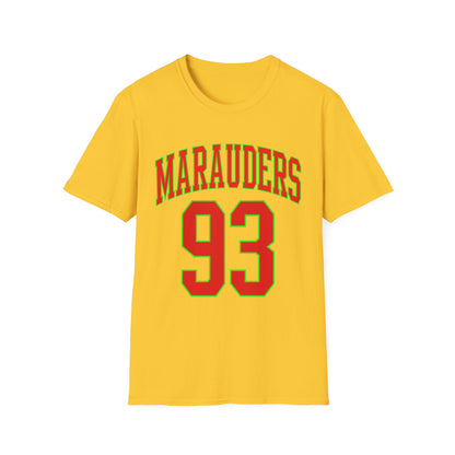 Yellow t-shirt with "Marauders 93" in red and green lettering.