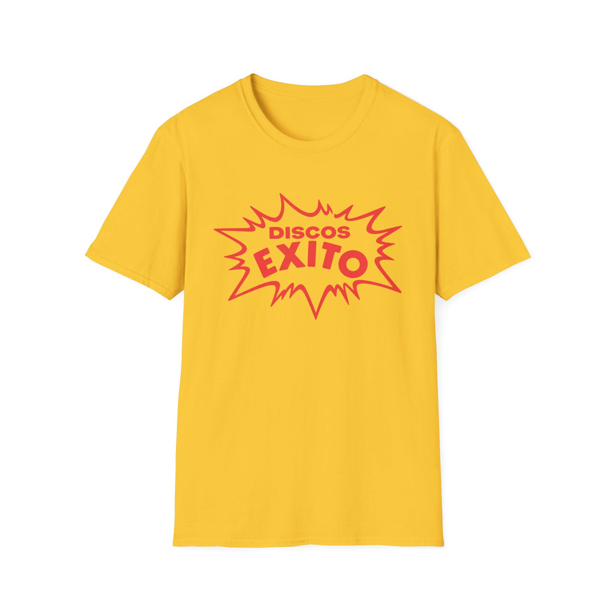 Yellow t-shirt with red "Discos Exito" graphic in a starburst.