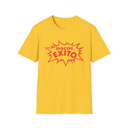 Yellow t-shirt with red "Discos Exito" graphic in a starburst.