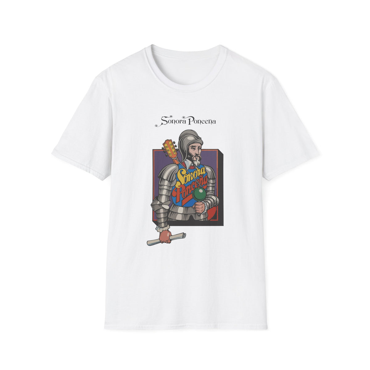 White t-shirt with "Sonora Ponceña" text and a graphic of a knight with a guitar.