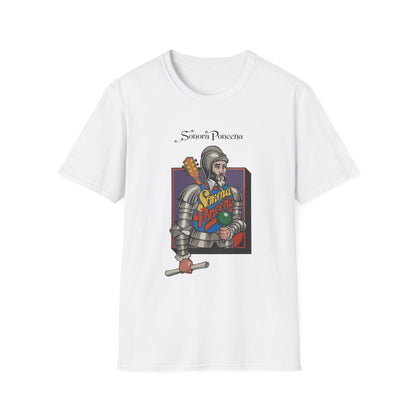 White t-shirt with "Sonora Ponceña" text and a graphic of a knight with a guitar.