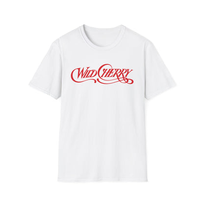 White t-shirt with red "Wild Cherry" script logo.