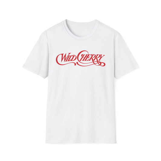 White t-shirt with red "Wild Cherry" script logo.