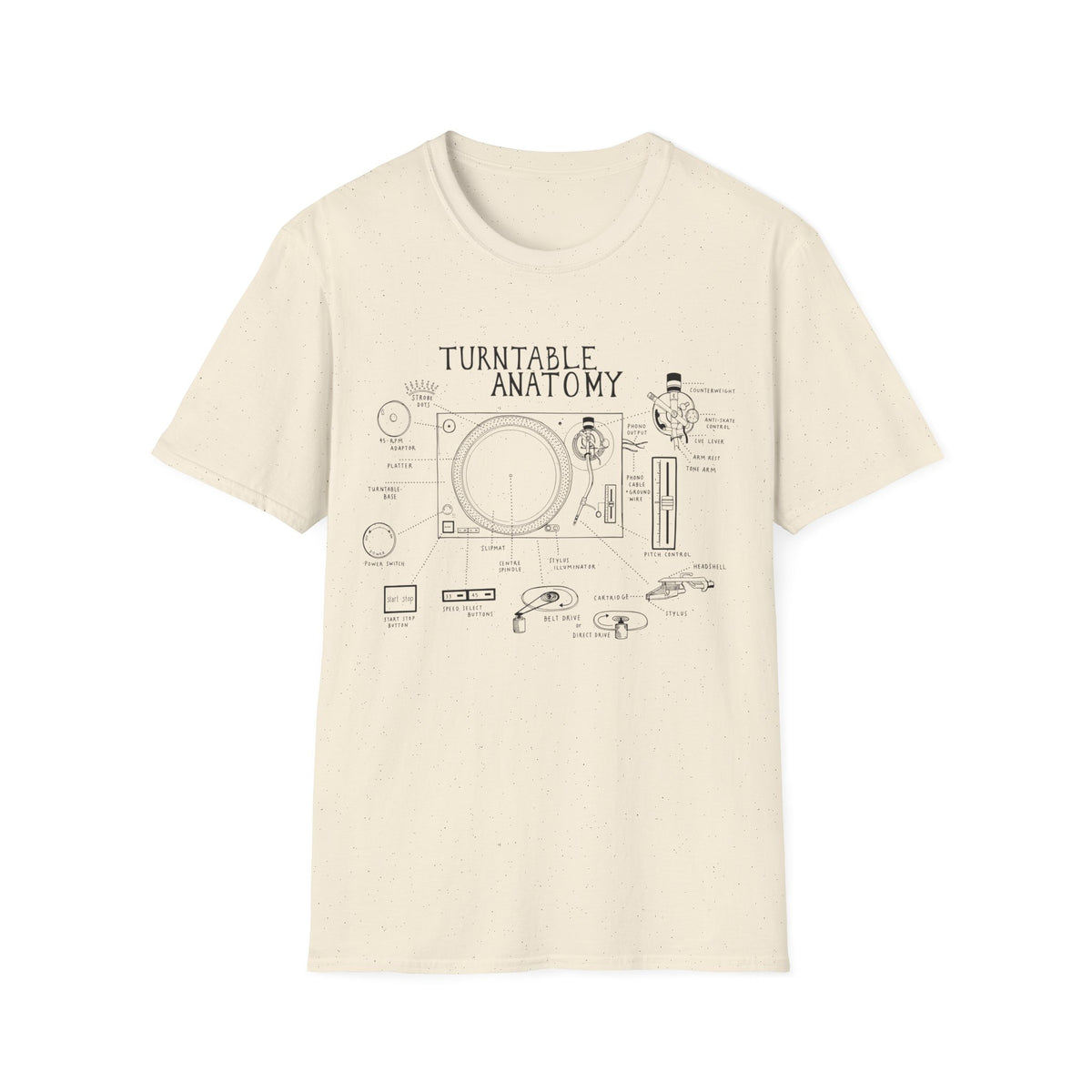 Turntable anatomy diagram on a light-colored t-shirt.