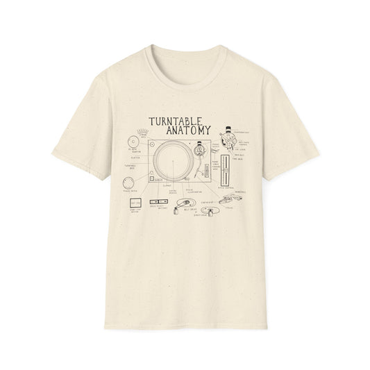 Turntable anatomy diagram on a light-colored t-shirt.