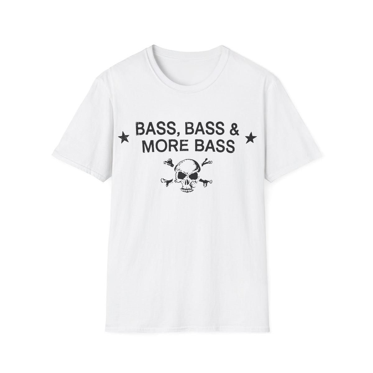 White t-shirt with black text "BASS, BASS & MORE BASS" and skull graphic.