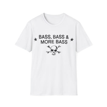 White t-shirt with black text "BASS, BASS & MORE BASS" and skull graphic.