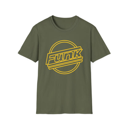 Olive green t-shirt with a yellow "Funk" logo inside a circular design.