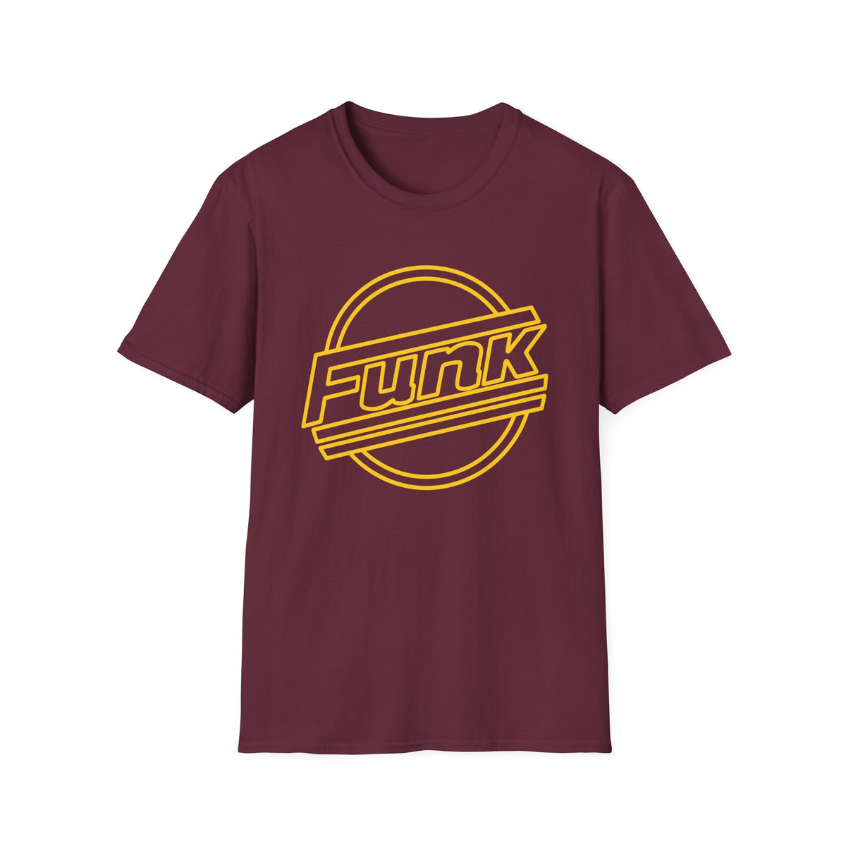 Maroon t-shirt with yellow "Funk" graphic and circular outline.