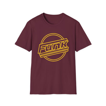 Maroon t-shirt with yellow "Funk" graphic and circular outline.