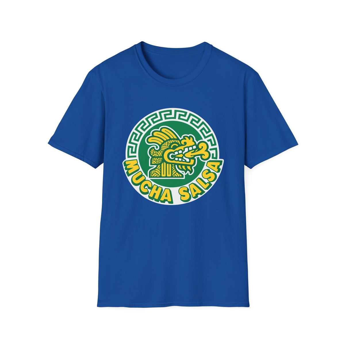 Blue t-shirt with circular logo featuring a yellow Aztec serpent and "MUCHA SALSA" text.