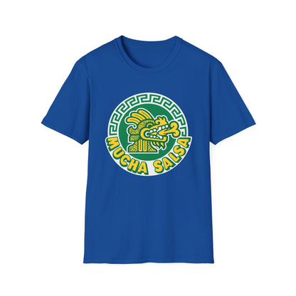Blue t-shirt with circular logo featuring a yellow Aztec serpent and "MUCHA SALSA" text.