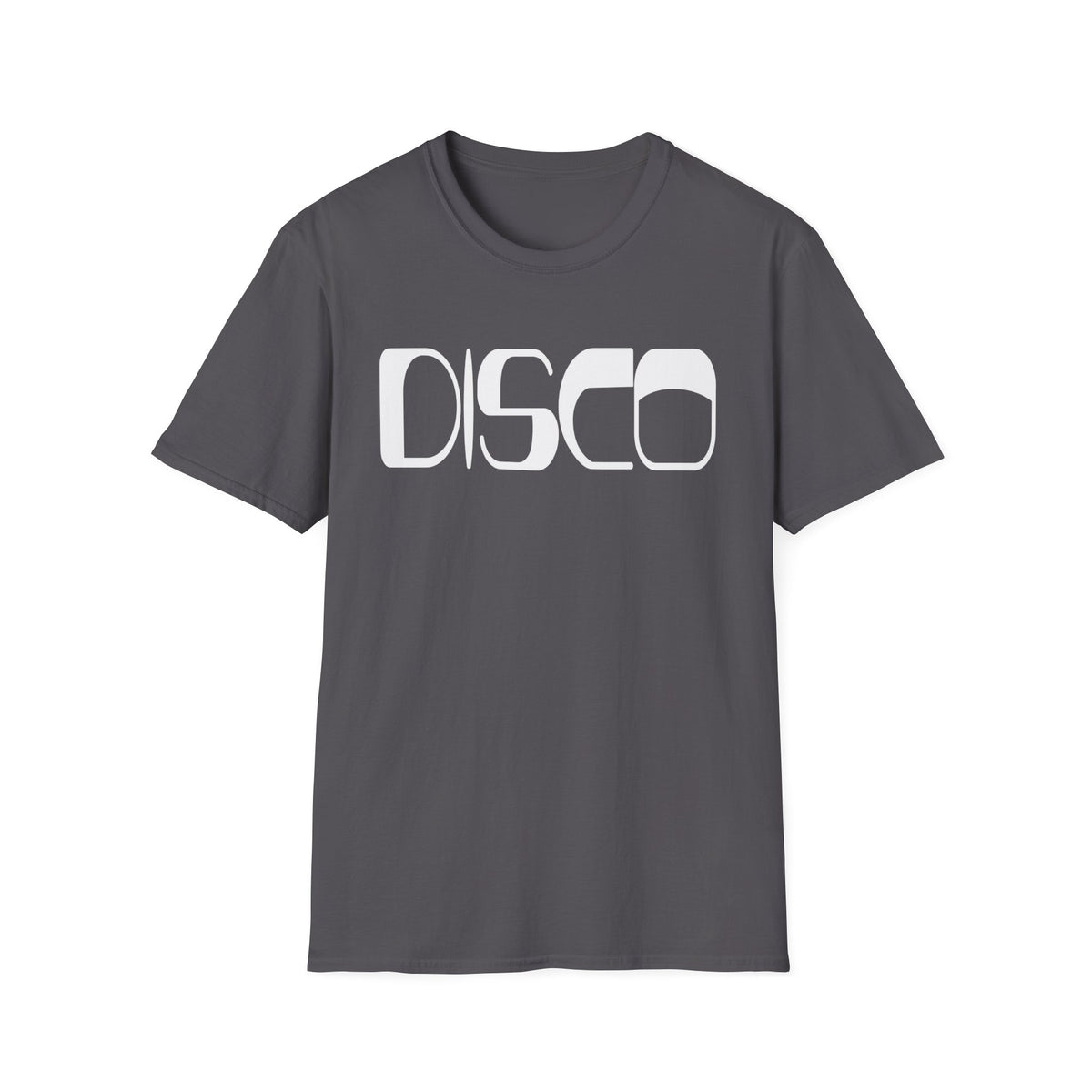 Grey t-shirt with white "DISCO" graphic print.