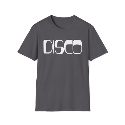 Grey t-shirt with white "DISCO" graphic print.