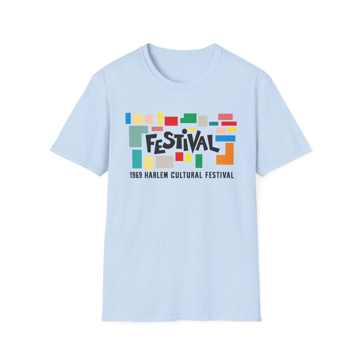 Light blue t-shirt with "Festival 1969 Harlem Cultural Festival" graphic.