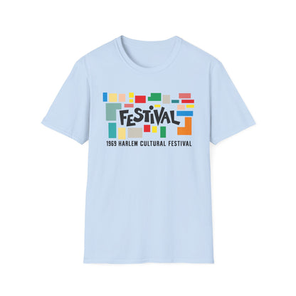 Light blue t-shirt with "Festival 1969 Harlem Cultural Festival" graphic.