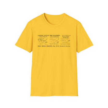 Yellow t-shirt with ad for "Latest Style Bop Glasses".