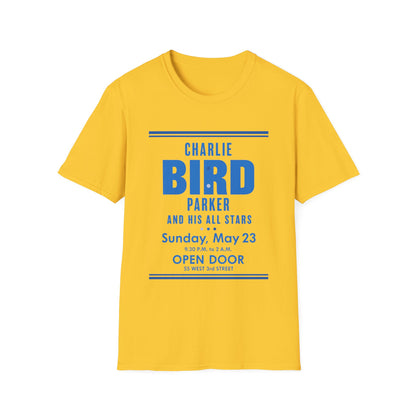 Yellow t-shirt with blue text: Charlie Bird Parker and His All Stars, May 23, Open Door.