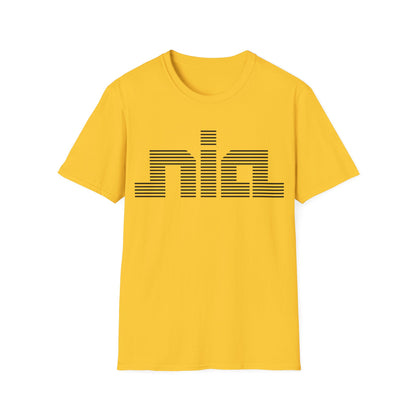 Yellow t-shirt with black striped "nia" logo on chest.