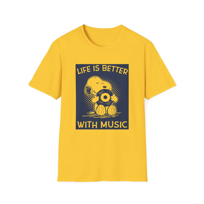 Snoopy holding a record with text "Life is Better With Music" on yellow t-shirt.