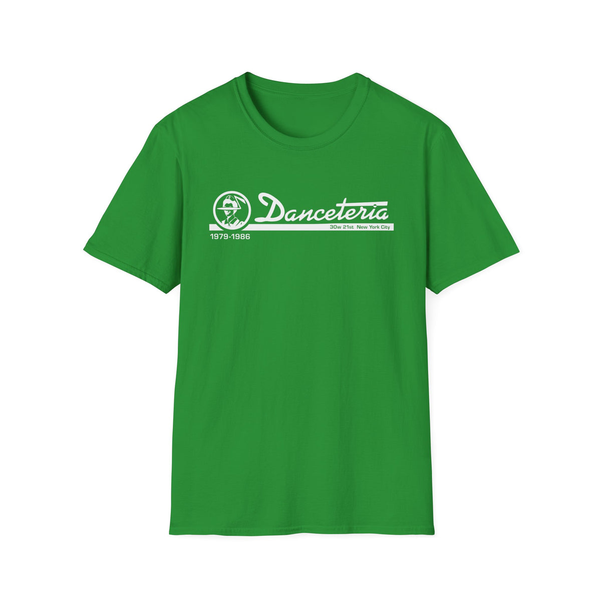 Green t-shirt with white "Danceteria 1979-1986 30w 21st New York City" logo.