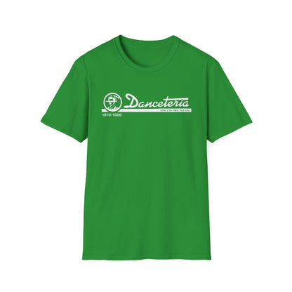 Green t-shirt with white "Danceteria 1979-1986 30w 21st New York City" logo.
