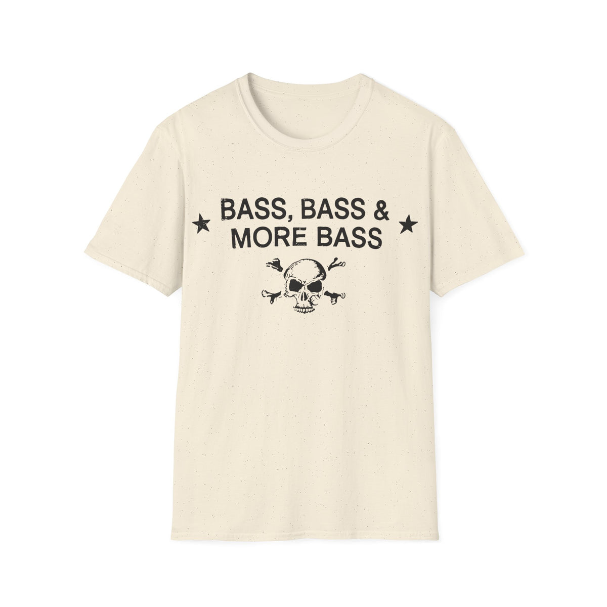 Cream t-shirt with "BASS, BASS & MORE BASS" text and skull graphic.