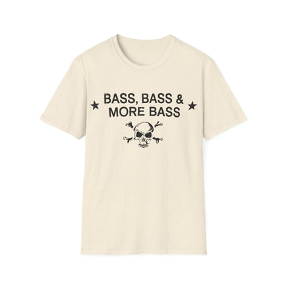 Cream t-shirt with "BASS, BASS & MORE BASS" text and skull graphic.
