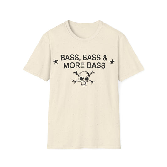 Cream t-shirt with "BASS, BASS & MORE BASS" text and skull graphic.