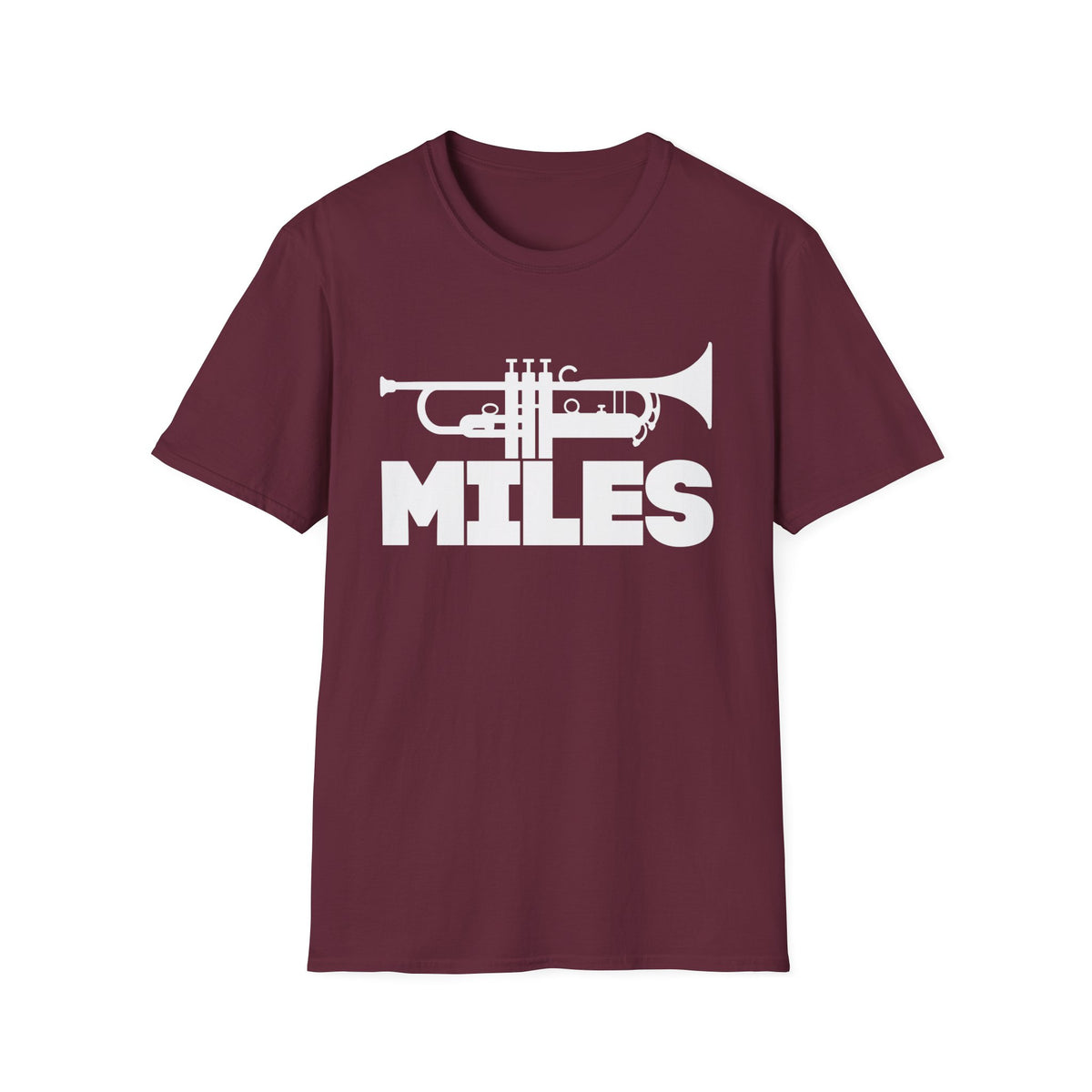 Maroon t-shirt with white trumpet graphic and "MILES" text.