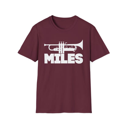 Maroon t-shirt with white trumpet graphic and "MILES" text.