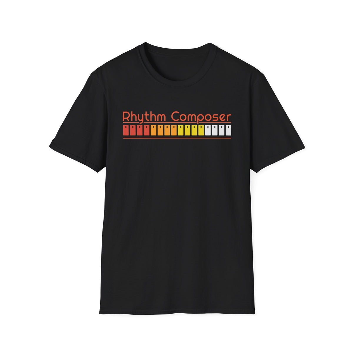 Black t-shirt with "Rhythm Composer" and a retro drum machine sequencer design.