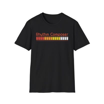 Black t-shirt with "Rhythm Composer" and a retro drum machine sequencer design.