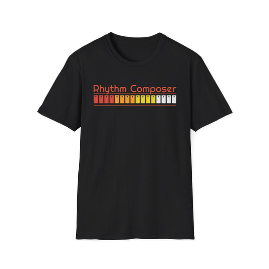 Black t-shirt with "Rhythm Composer" and a retro drum machine sequencer design.