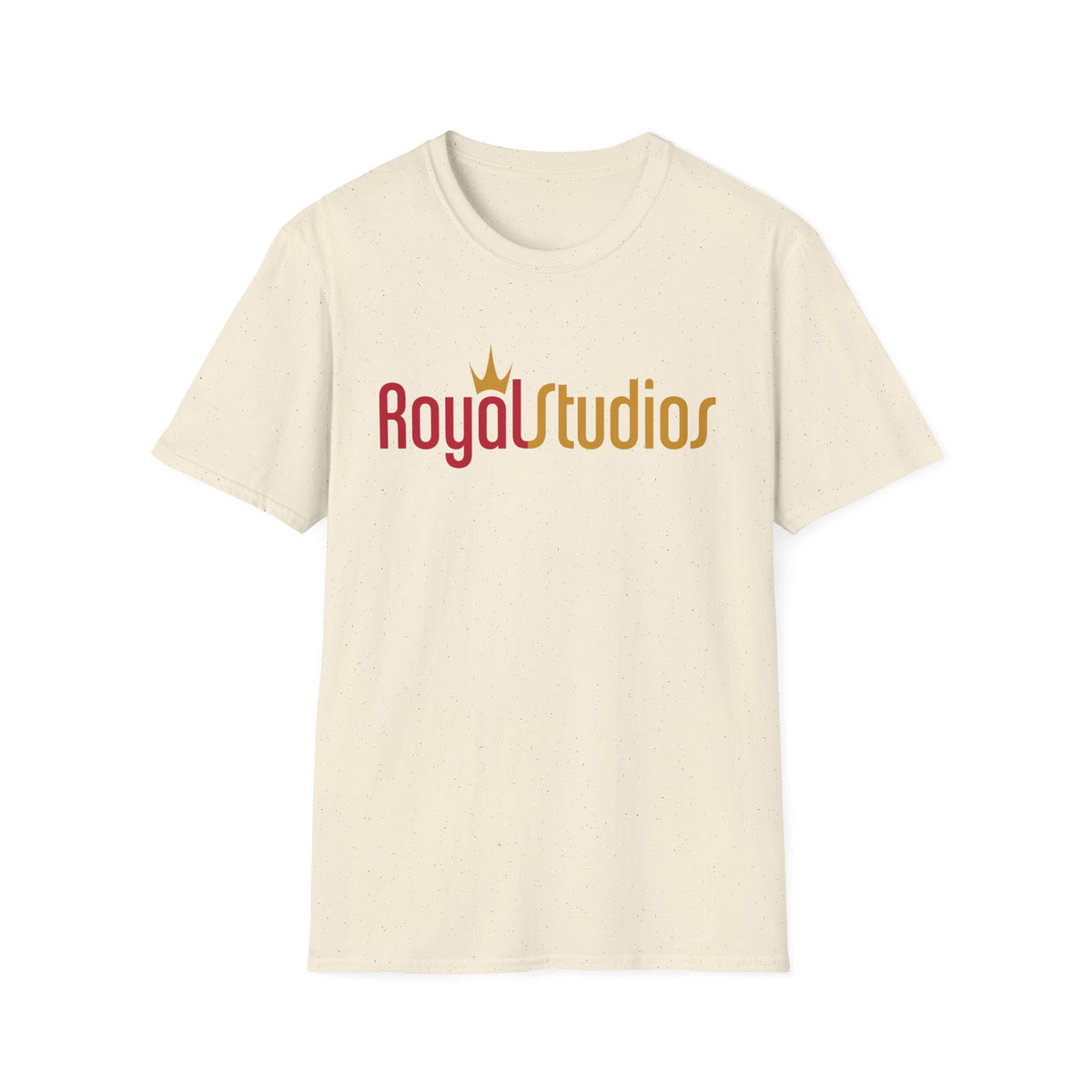 Cream t-shirt with red and gold "Royal Studios" logo and crown graphic.