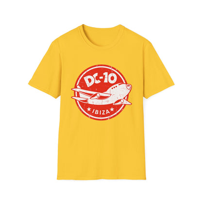Yellow t-shirt with a distressed red circle graphic featuring a DC-10 airplane and the word Ibiza.