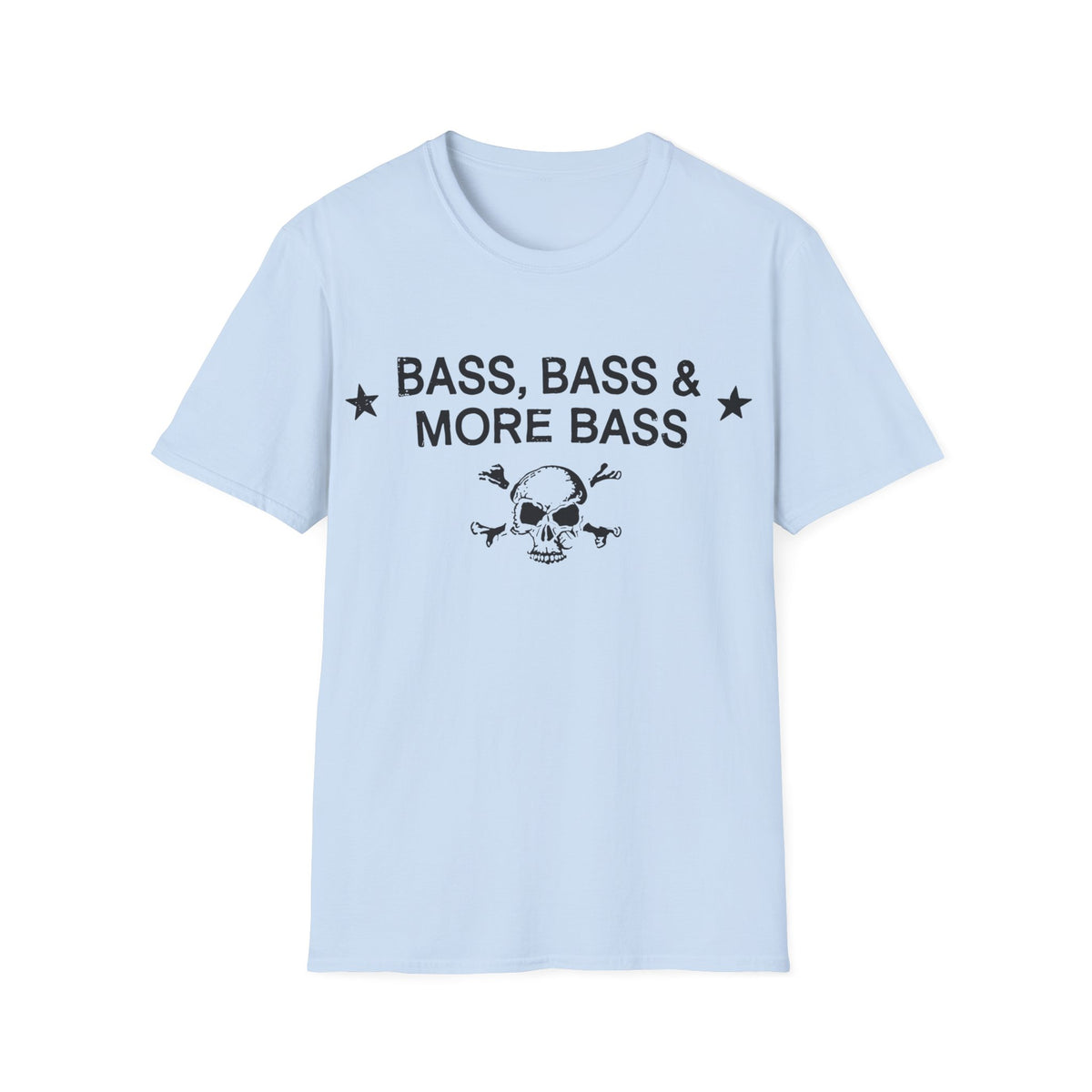 Light blue t-shirt with black text "BASS, BASS & MORE BASS" and skull graphic.
