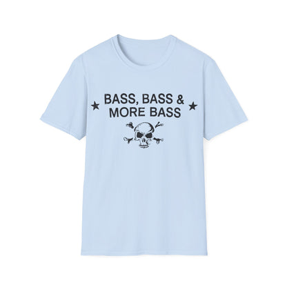 Light blue t-shirt with black text "BASS, BASS & MORE BASS" and skull graphic.